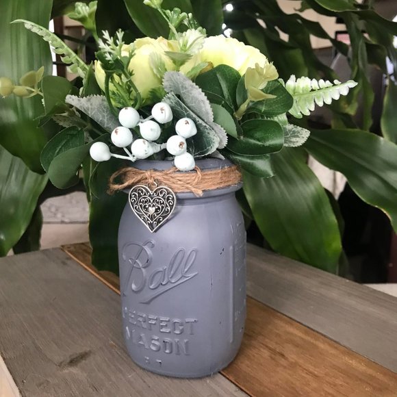 Handmade Light Green Floral Arrangement in Charcoal Gray Ball Mason Jar - Picture 3 of 7